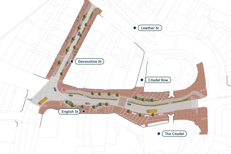 Visual providing full layout of Devonshire Street and English Street