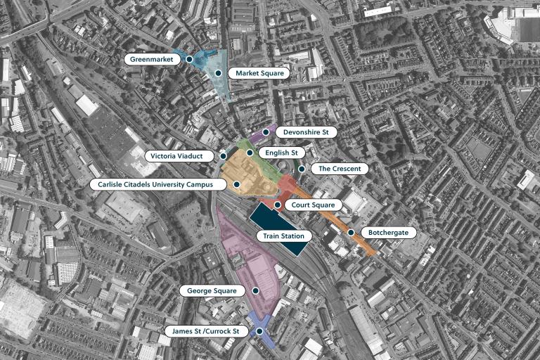 Map of Carlisle highlighting the areas where projects are underway