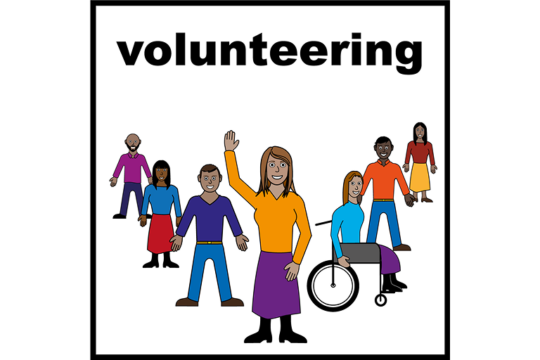 A group of people standing together, with one person raising a hand under the text "volunteering"