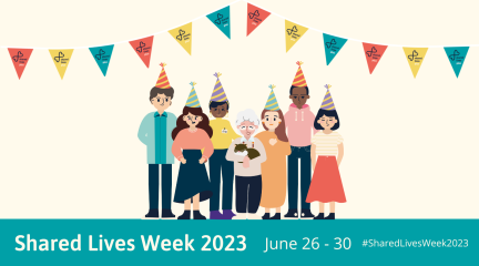Shared Lives Week 2023 June 26-30, group of smiling people in party hats stand under bunting