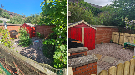 Before and after image of outside area showing removal of weeds and overgrown bushes