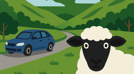 Sheep watching a car parked on the road