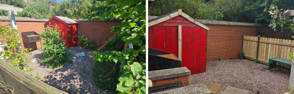 Before and after image of outside area showing removal of weeds and overgrown bushes