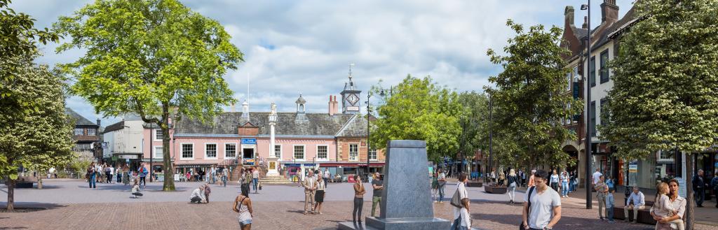 An artist impression of how Carlisle city centre will look after the works are complete. Looking at the Old Town Hall with the relocation of the war memorial with the support of the British Legion