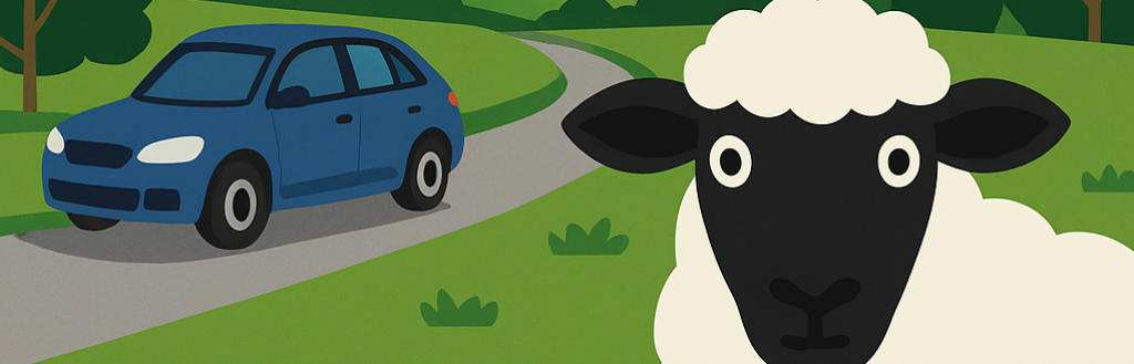 Sheep watching a car parked on the road