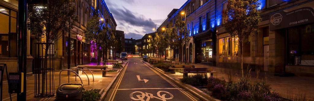 Evening image of Devonshire Street in Carlisle