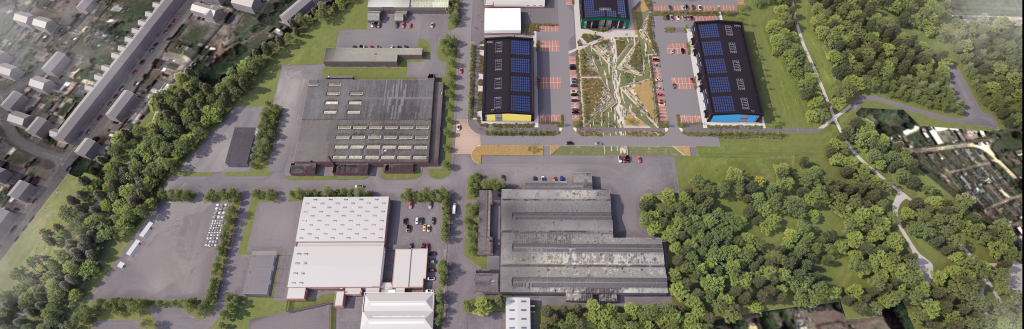 Artist impression of light Industrial units together with proposed innovation hub.